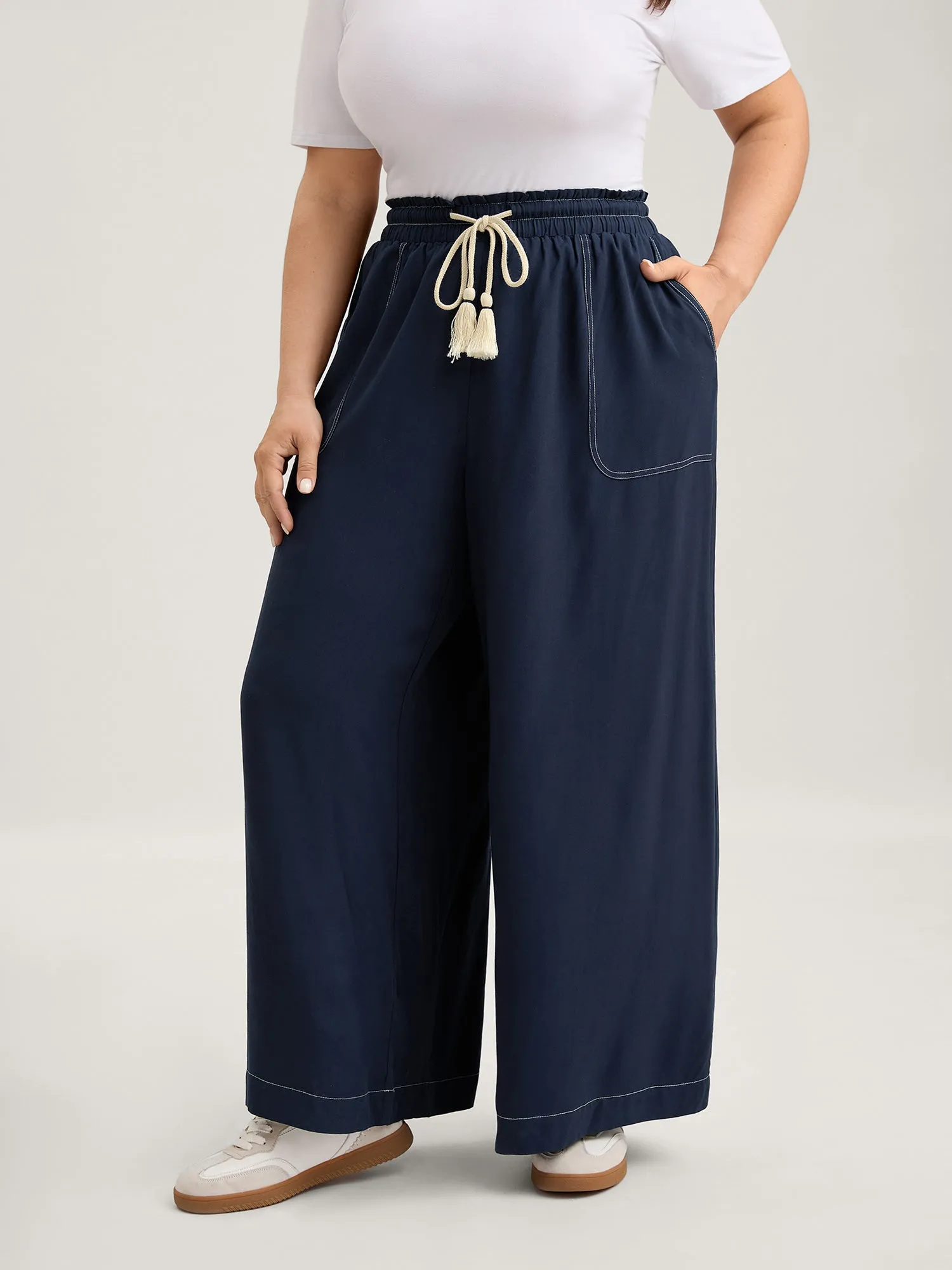 Contrast Thread Detail Wide-Leg Pants sold by Bloomchic