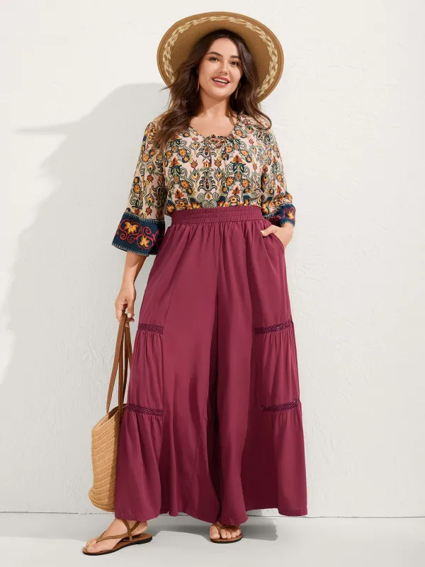 Lace Trim Pleated Wide-Leg Pants sold by Bloomchic