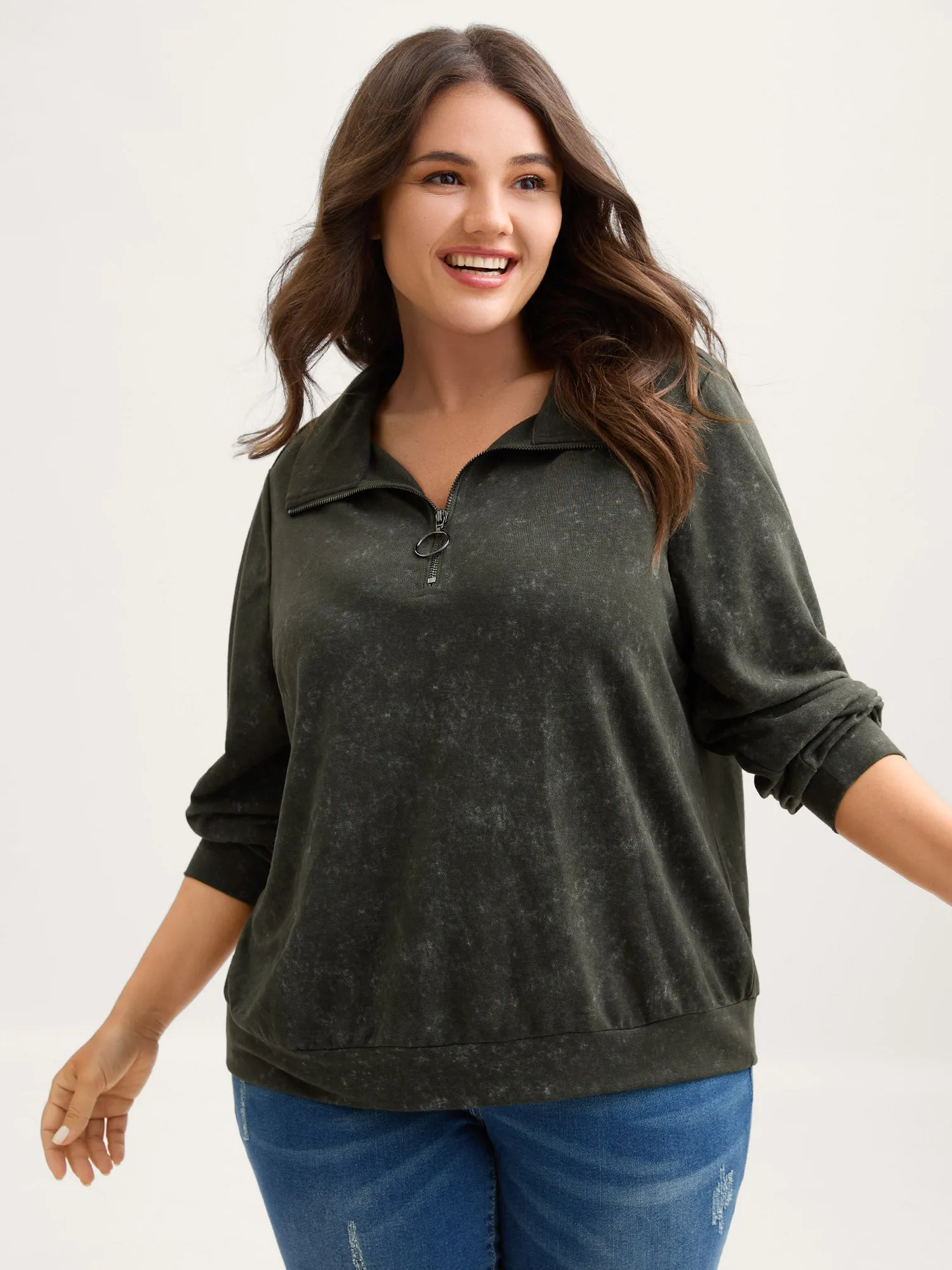 Snow Wash Effect Half-Zipper Sweatshirt sold by Bloomchic