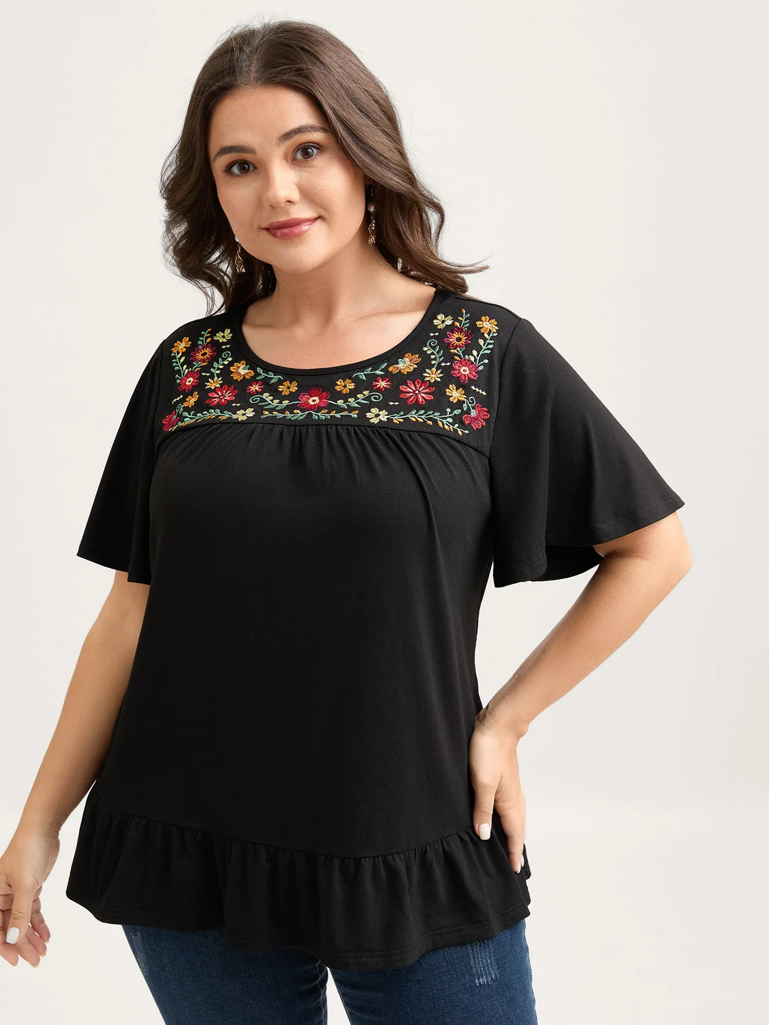 Stretchy Floral Embroidery Ruffled Hem Top sold by Bloomchic product image thumbnail 2