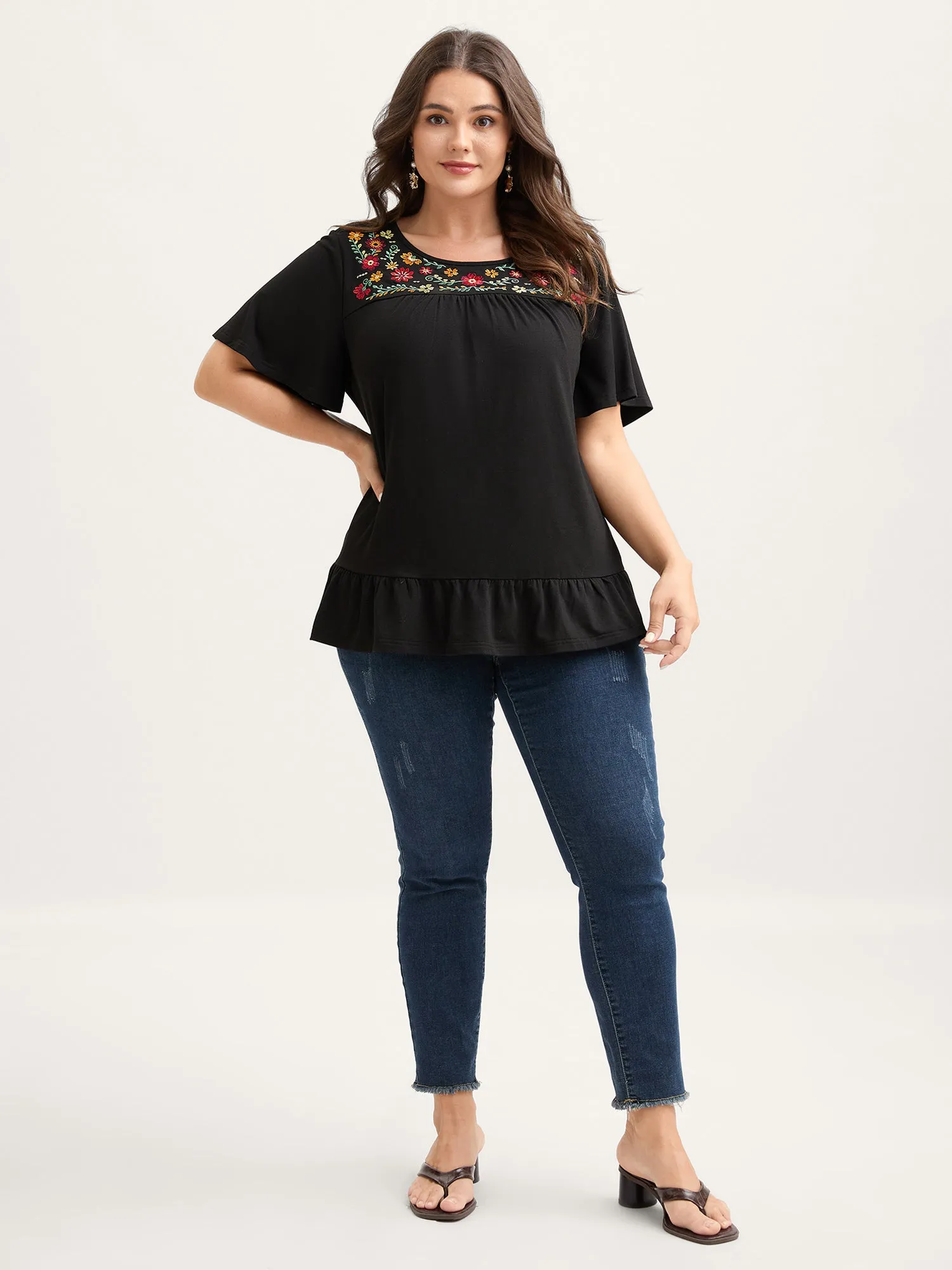 Stretchy Floral Embroidery Ruffled Hem Top sold by Bloomchic product image thumbnail 3