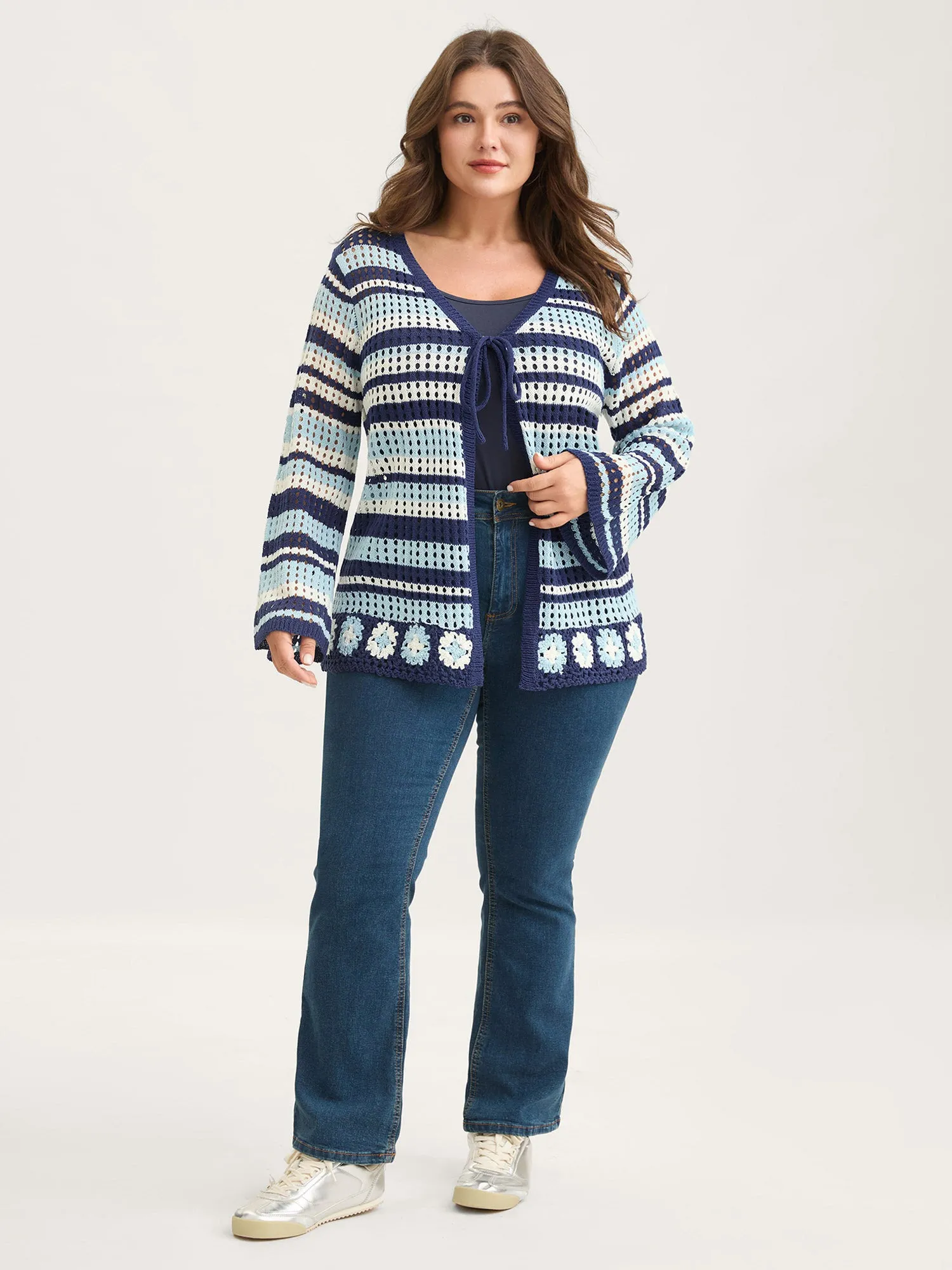 Crochet Color Stripes Flared Sleeve Knit Cardigan sold by Bloomchic product image thumbnail 2