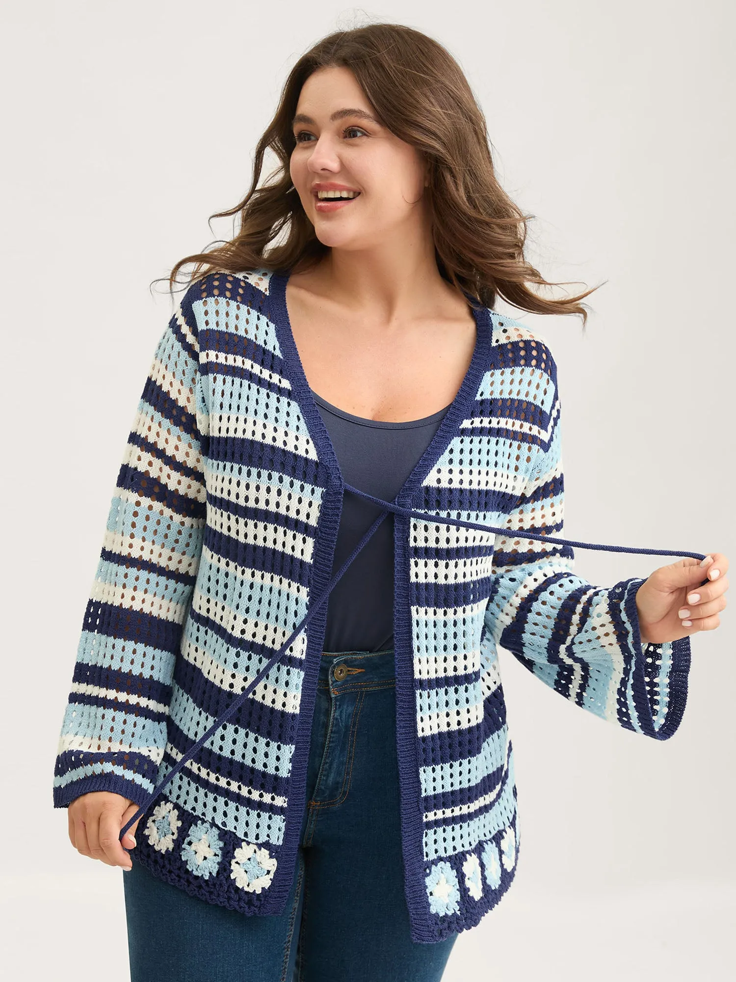 Crochet Color Stripes Flared Sleeve Knit Cardigan sold by Bloomchic