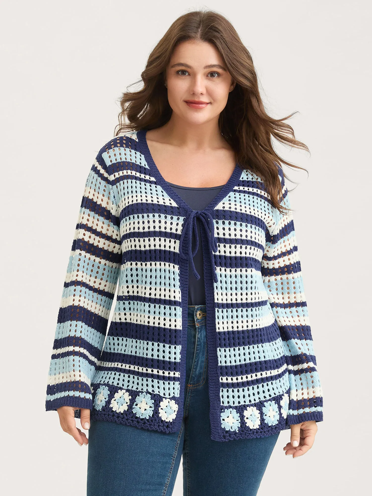 Crochet Color Stripes Flared Sleeve Knit Cardigan sold by Bloomchic product image thumbnail 4