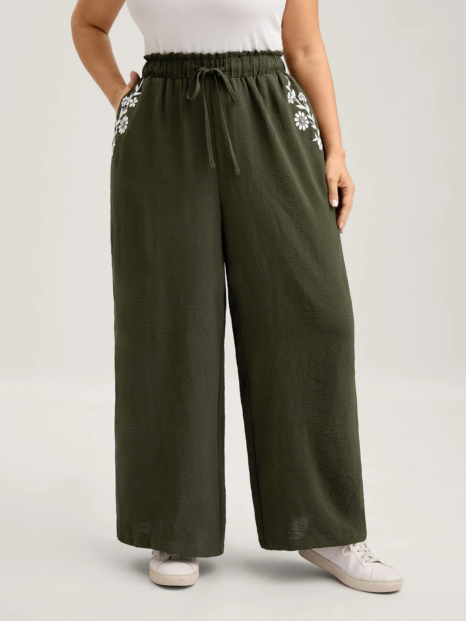 Floral Embroidered Pockets Wide-Leg Pants sold by Bloomchic
