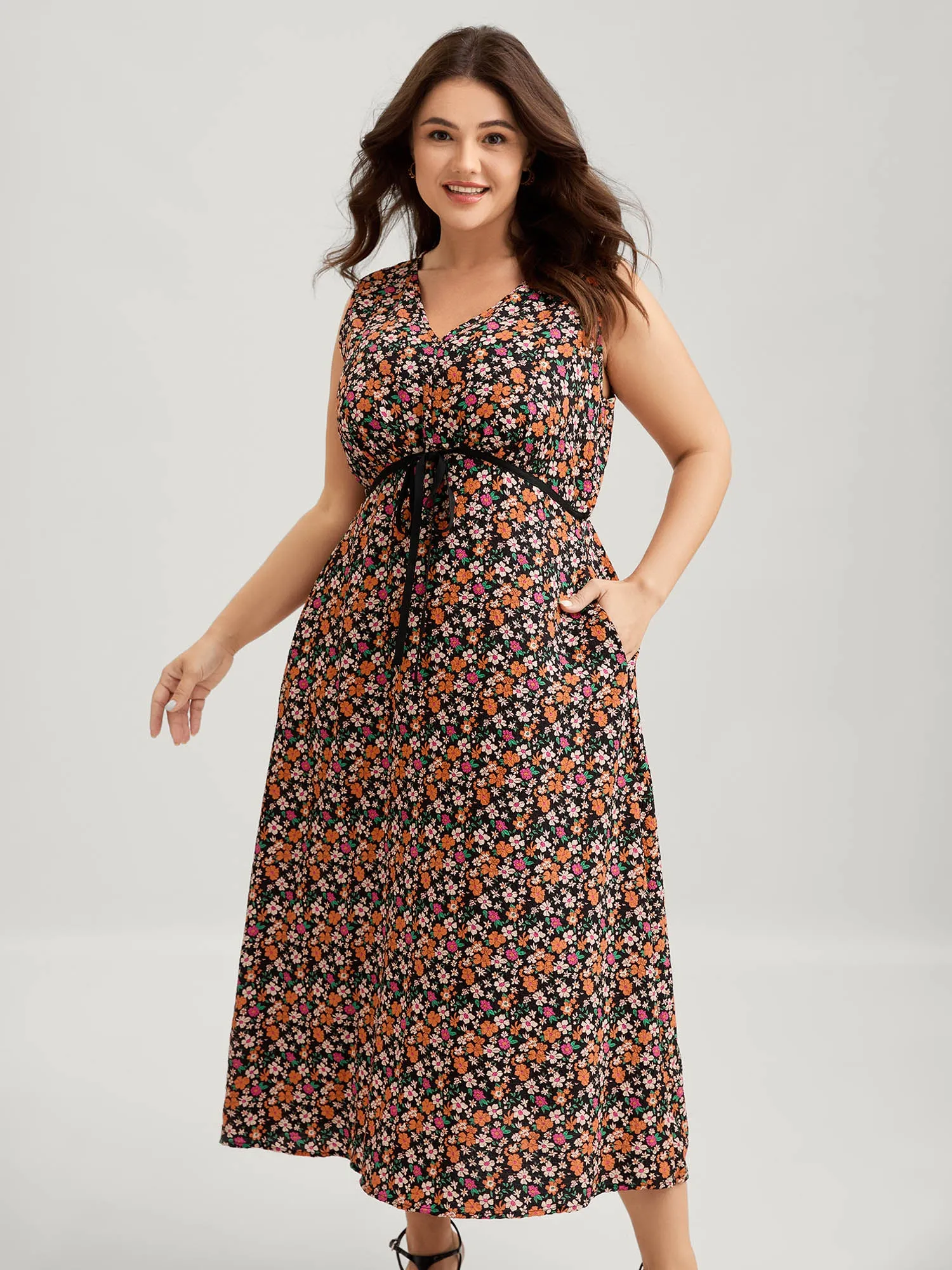 Floral Waist Tie Side Pockets Midi Dress sold by Bloomchic product image thumbnail 3