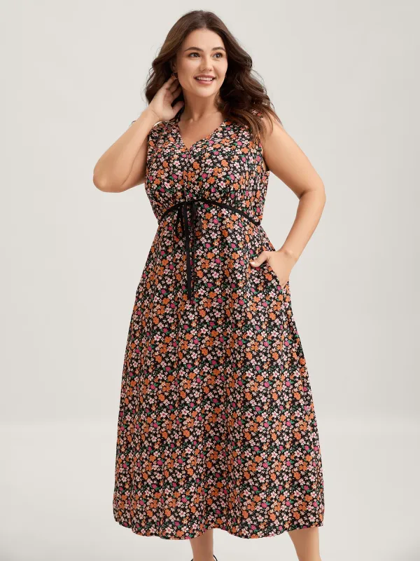 Floral Waist Tie Side Pockets Midi Dress sold by Bloomchic