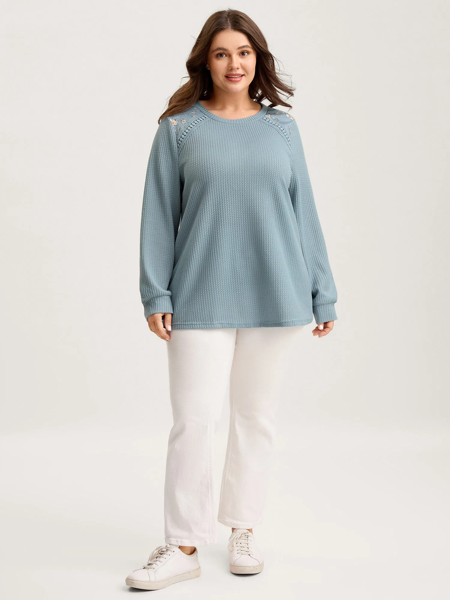 Waffle Spliced Floral Lace Sweatshirt sold by Bloomchic product image thumbnail 3