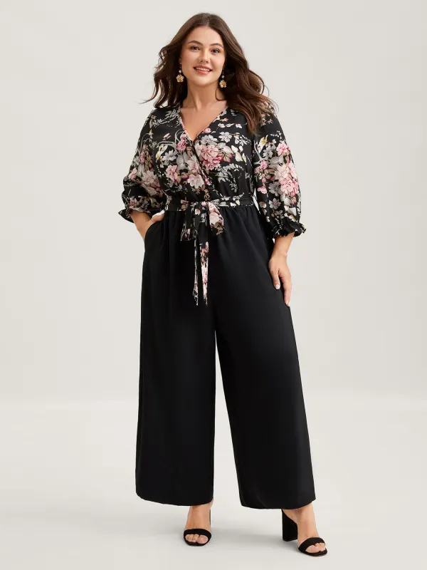 Floral Contrast Belted Wide-Leg Jumpsuit sold by Bloomchic