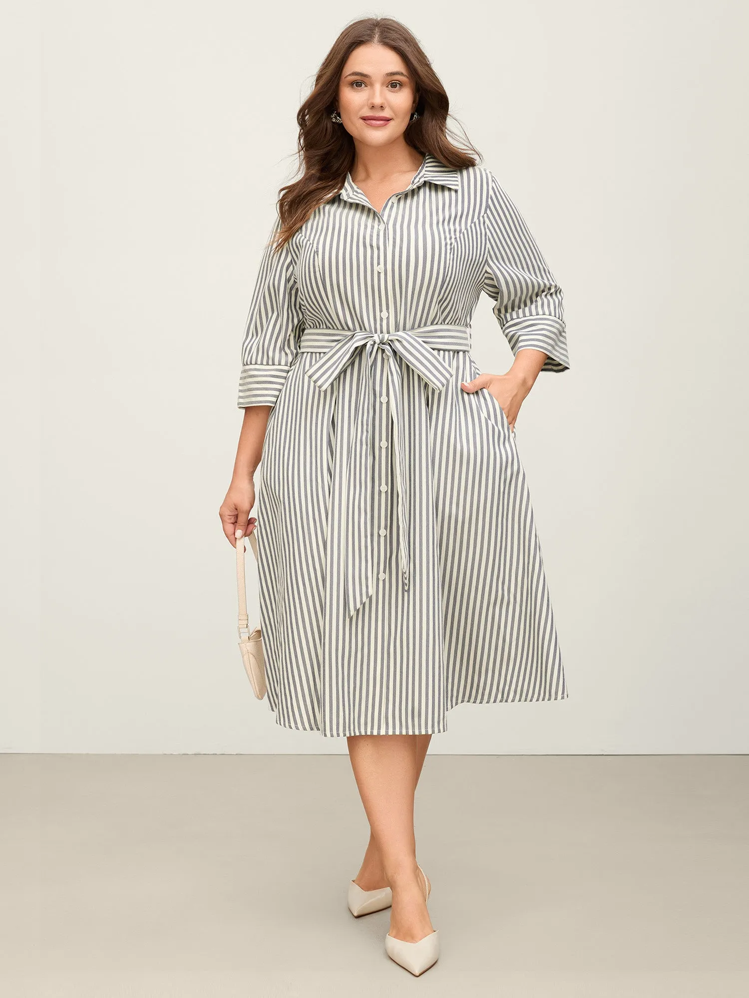 Striped Waist Belt Midi Shirt Dress sold by Bloomchic
