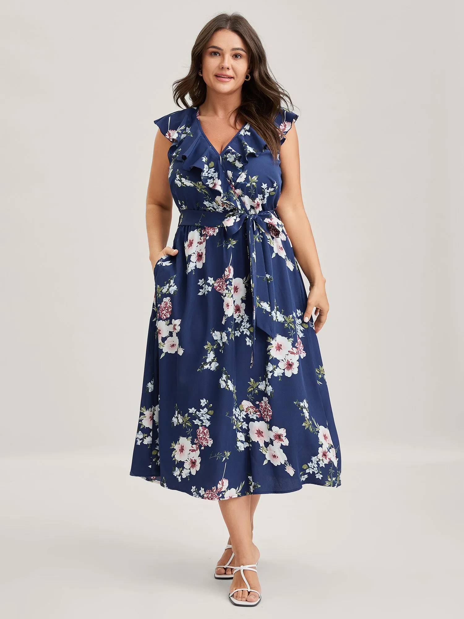 Floral Belted Waist Ruffled Pockets Midi Dress sold by Bloomchic product image thumbnail 3
