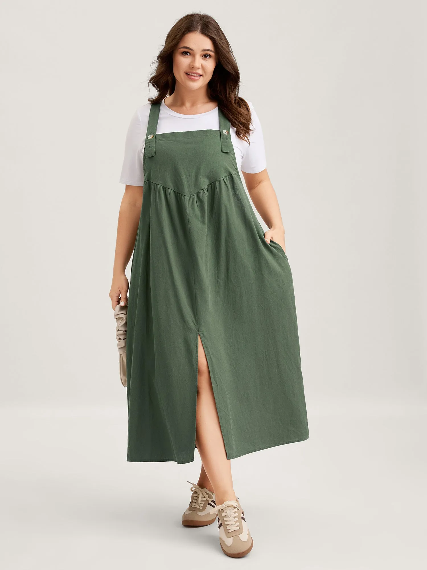 Overall Straps Front Slit Pockets Midi Dress sold by Bloomchic