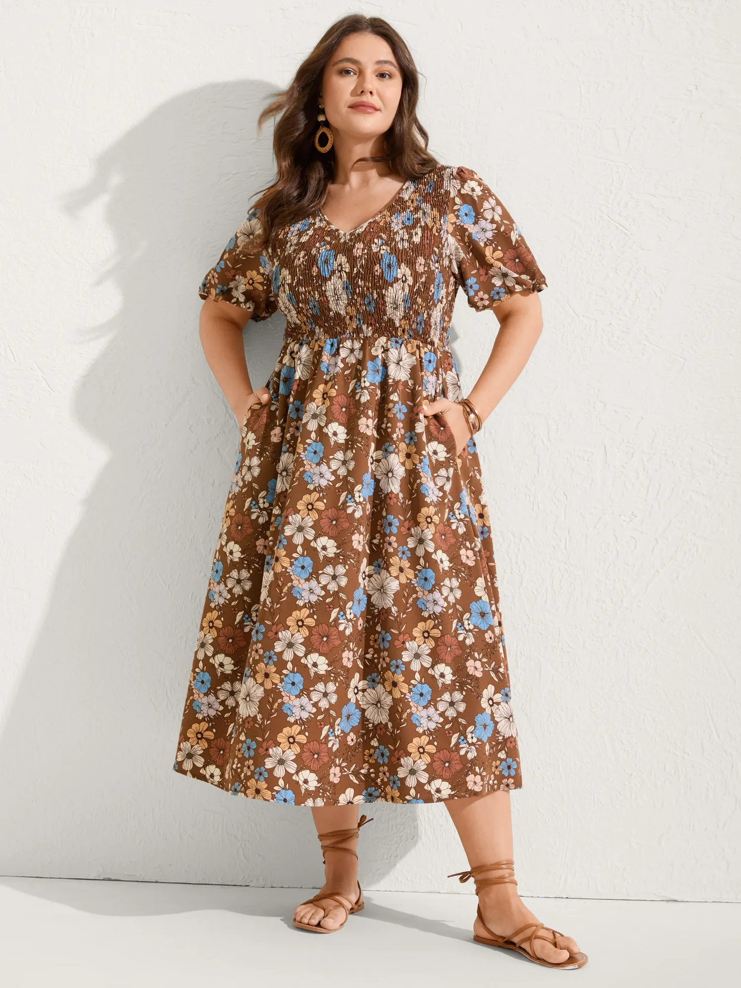 Fall Florals Shirred Bodice Midi Dress sold by Bloomchic product image thumbnail 3