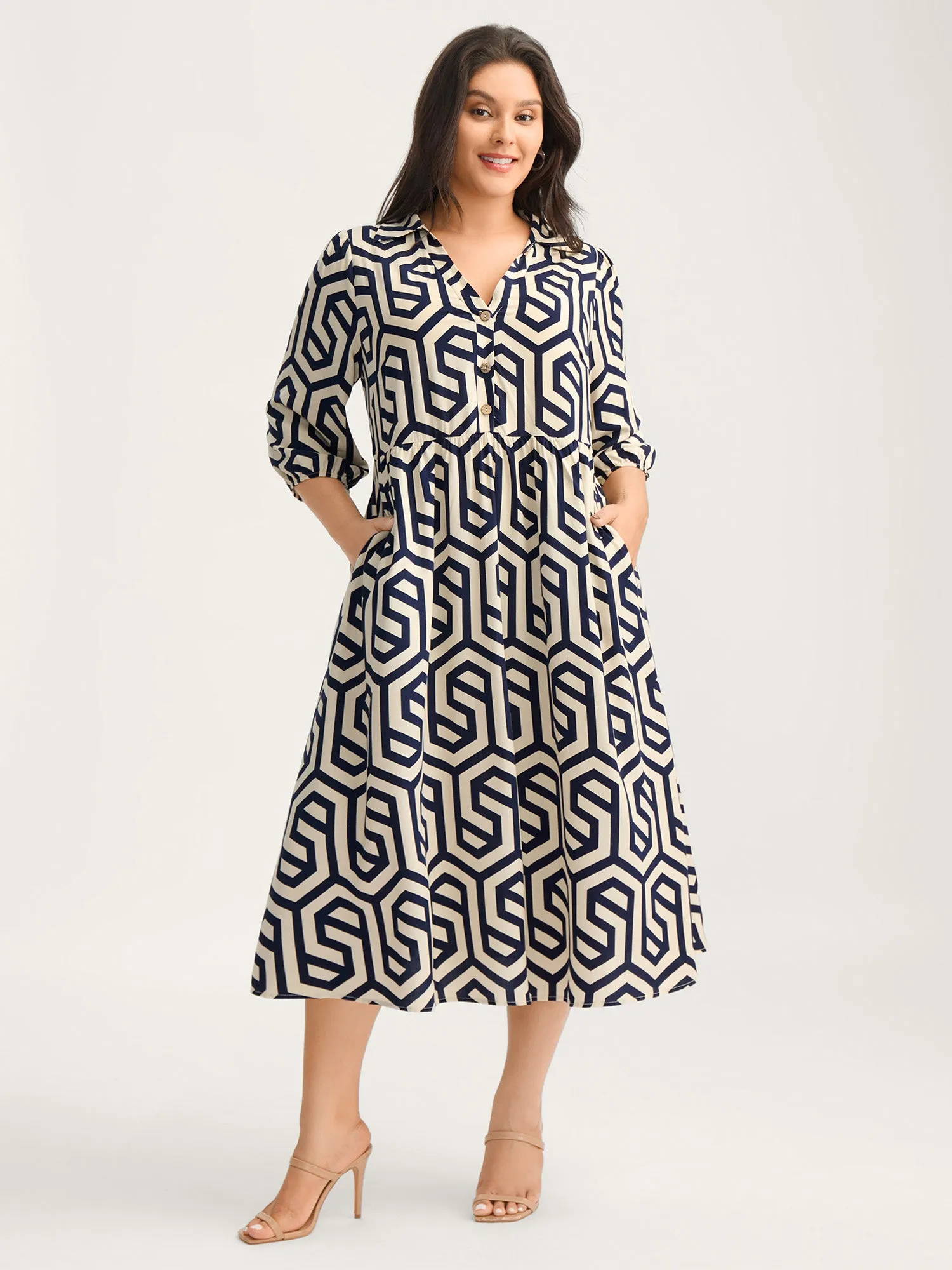 Rayon Geometric Pattern Button Midi Dress sold by Bloomchic product image thumbnail 3