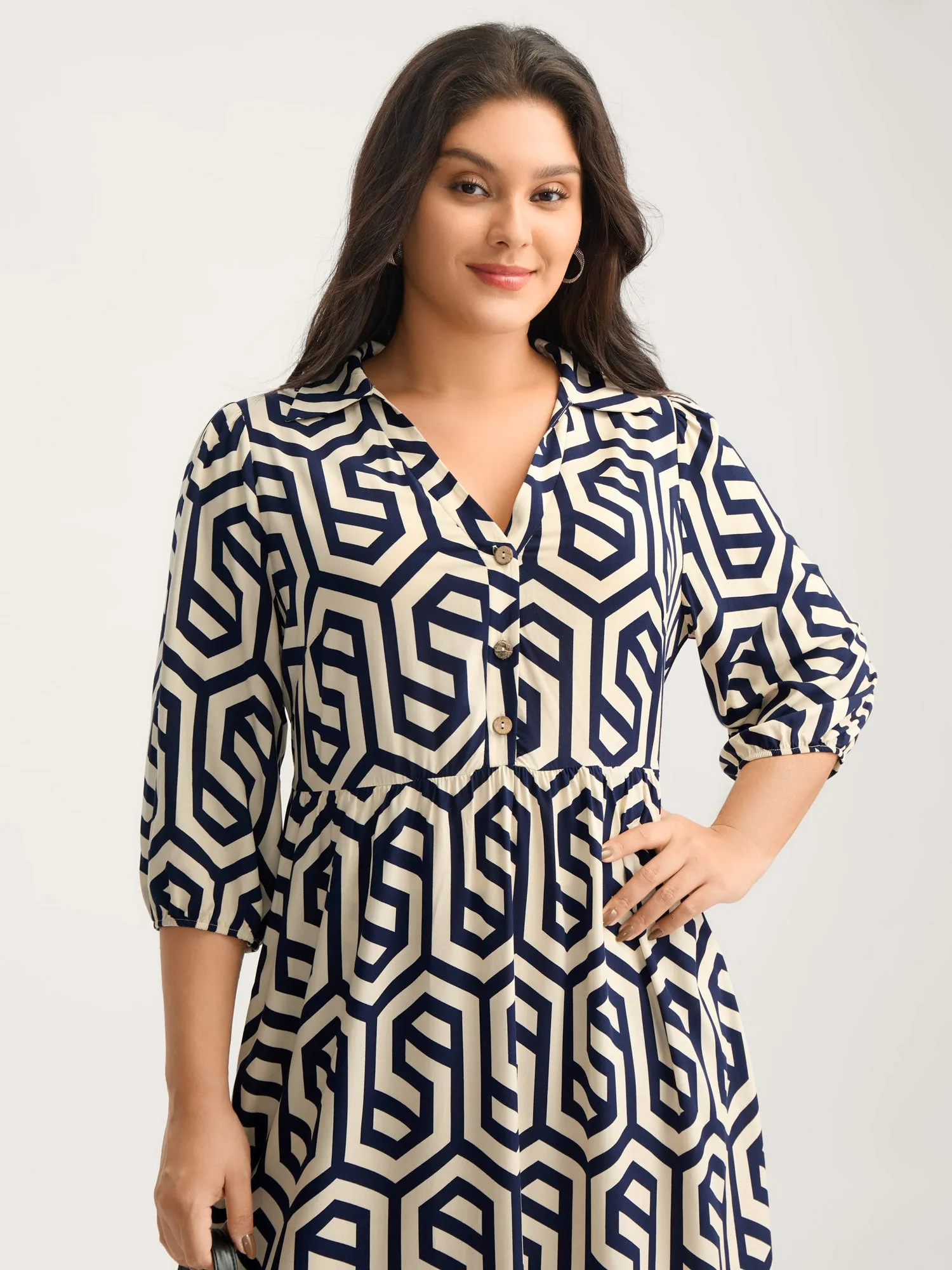 Rayon Geometric Pattern Button Midi Dress sold by Bloomchic product image thumbnail 2