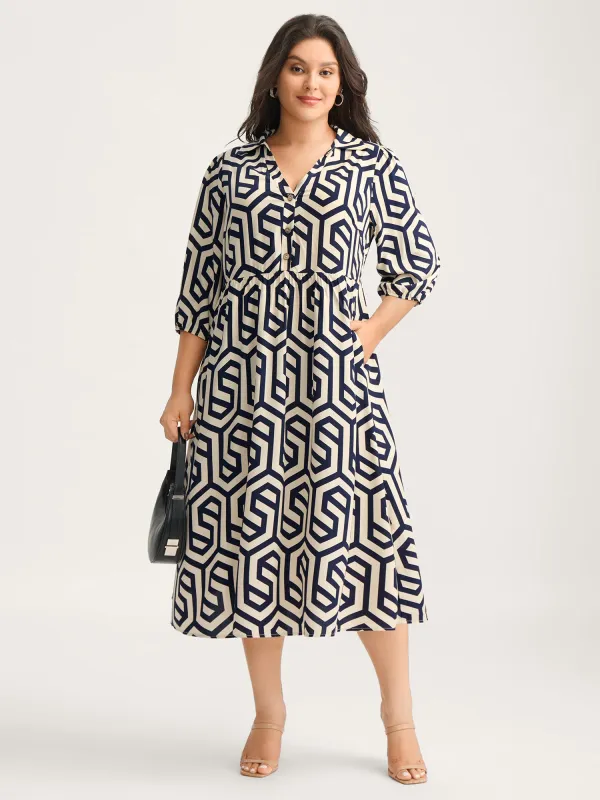 Rayon Geometric Pattern Button Midi Dress sold by Bloomchic