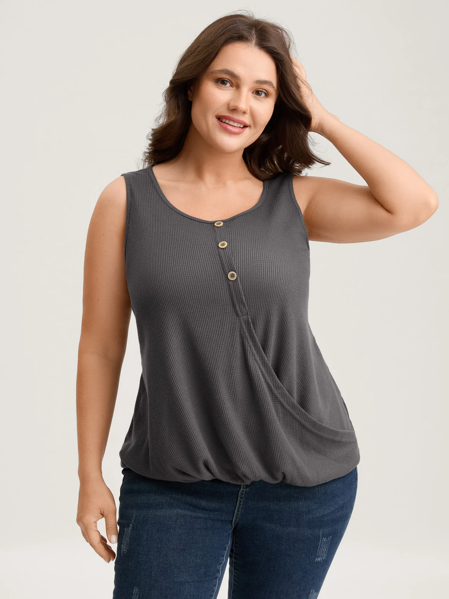 Waffle Bubble Hem Buttons Tank Top sold by Bloomchic