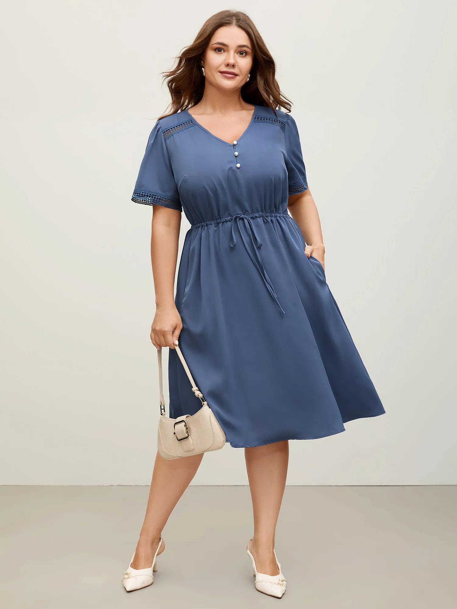 Lace Trim Waist-Drawstring Solid Midi Dress sold by Bloomchic product image thumbnail 3