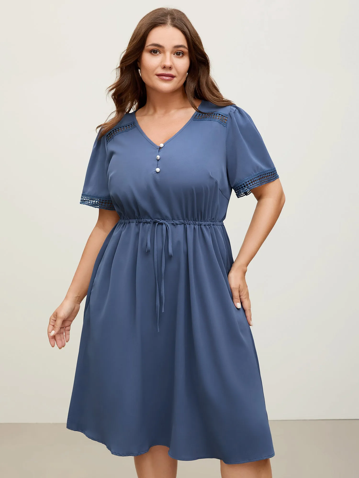 Lace Trim Waist-Drawstring Solid Midi Dress sold by Bloomchic
