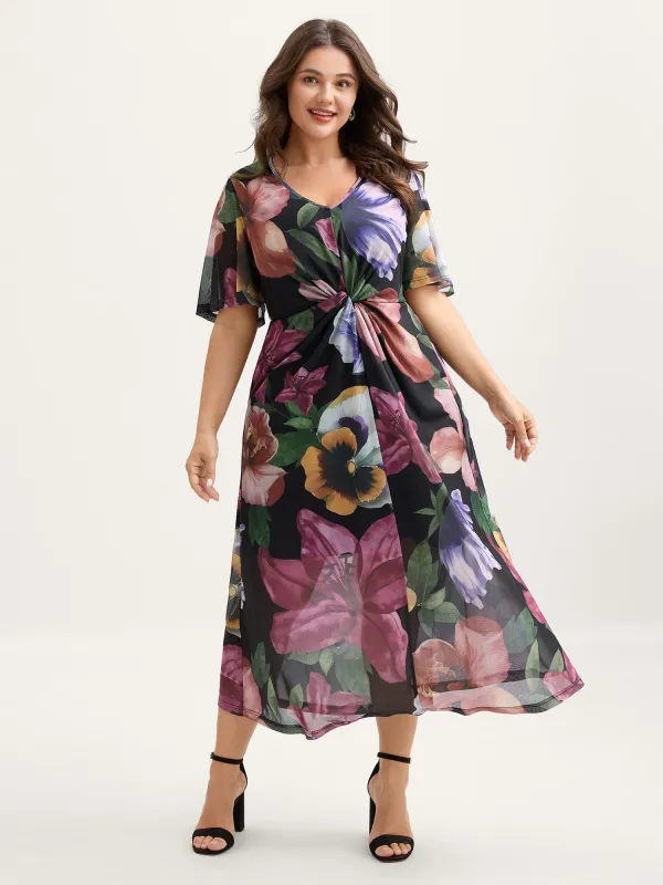 Large Floral Print Twist Front Midi Dress sold by Bloomchic