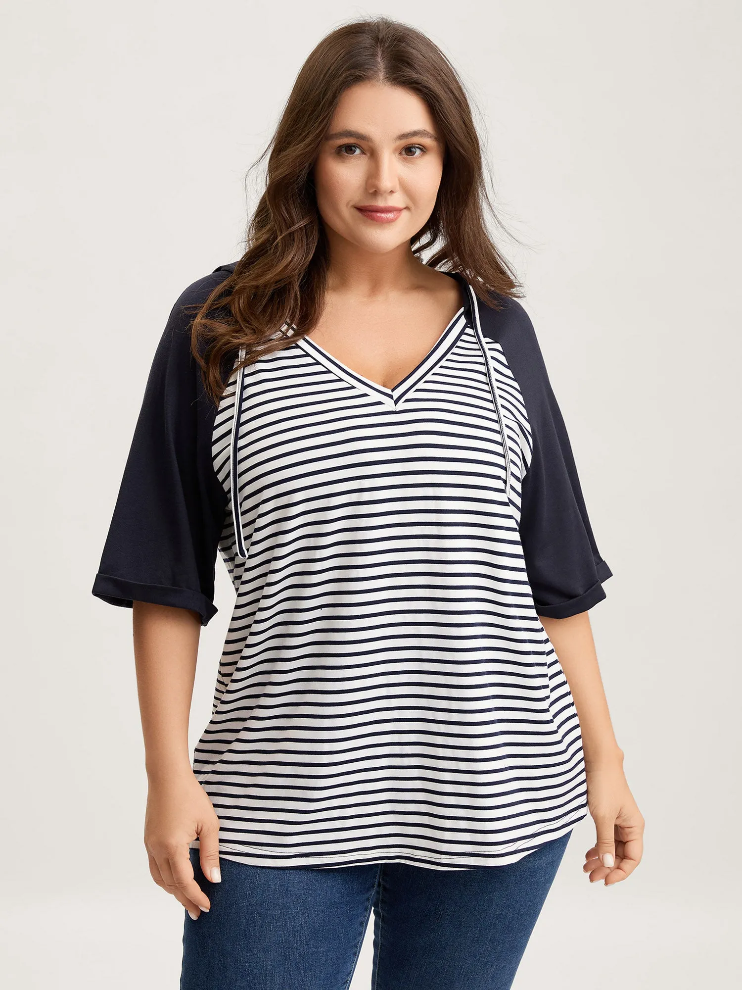 Striped Raglan Hooded Contrast T-Shirt sold by Bloomchic product image thumbnail 2