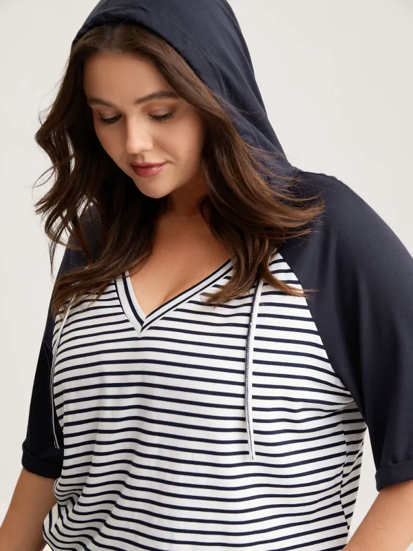 Striped Raglan Hooded Contrast T-Shirt sold by Bloomchic