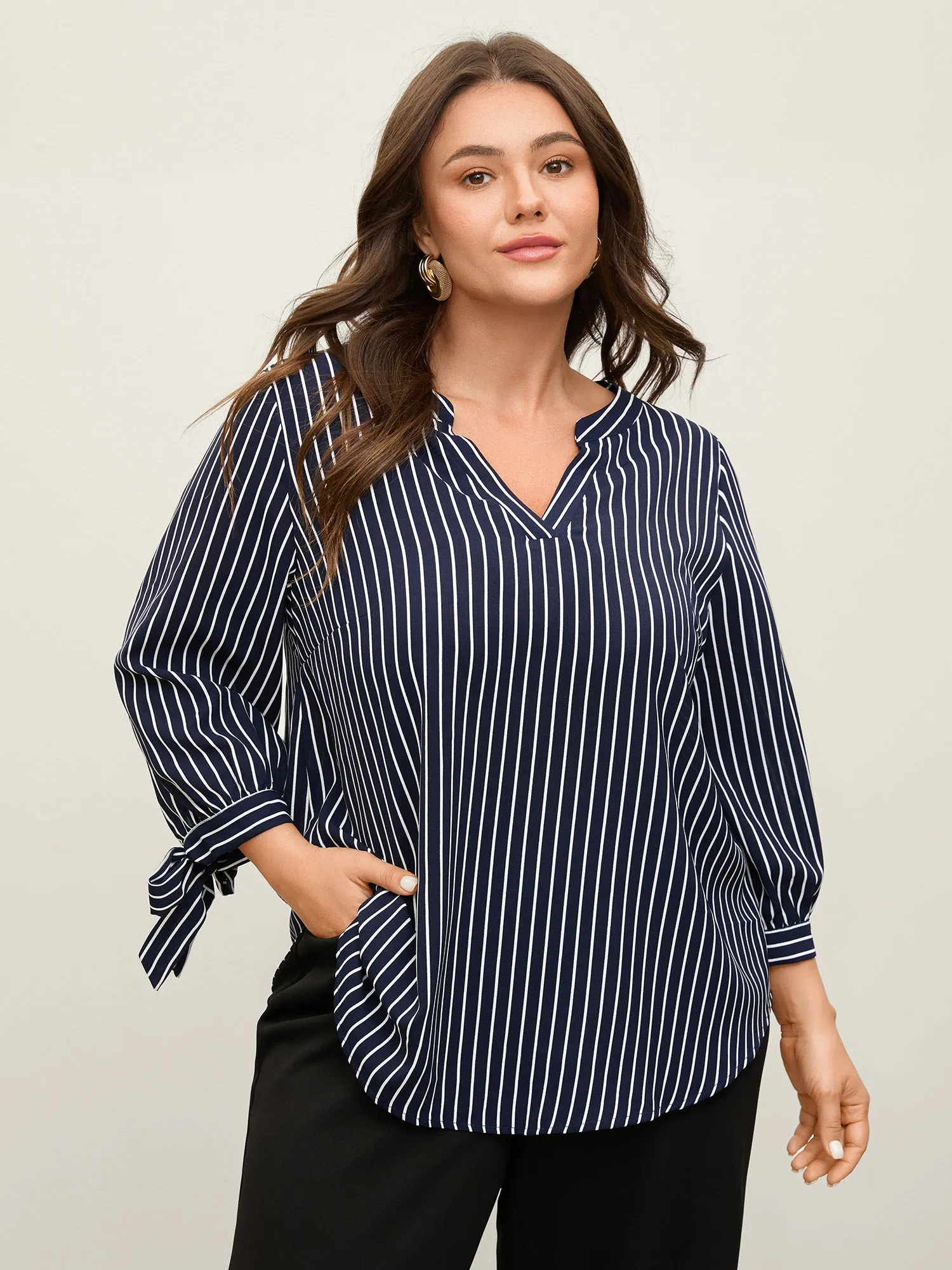 Striped Notched Collar Sleeve Tie Blouse sold by Bloomchic