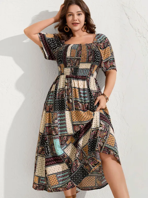 Paisley Floral Collage Shirred Pockets Midi Dress sold by Bloomchic