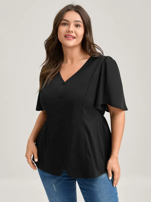 Cinched Flared Waist Button Detail Blouse sold by Bloomchic