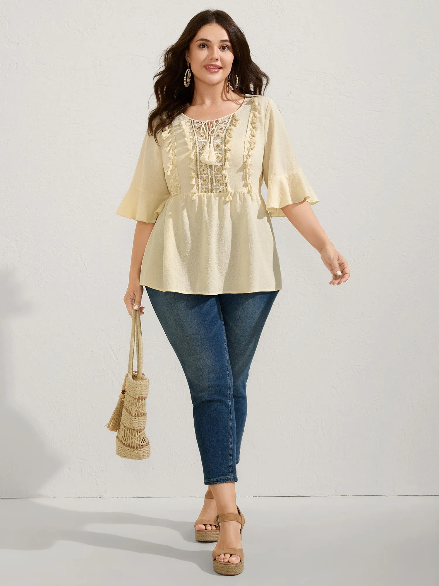 Cotton Tassel Neckline Ruffled Sleeve Solid Top sold by Bloomchic product image thumbnail 3