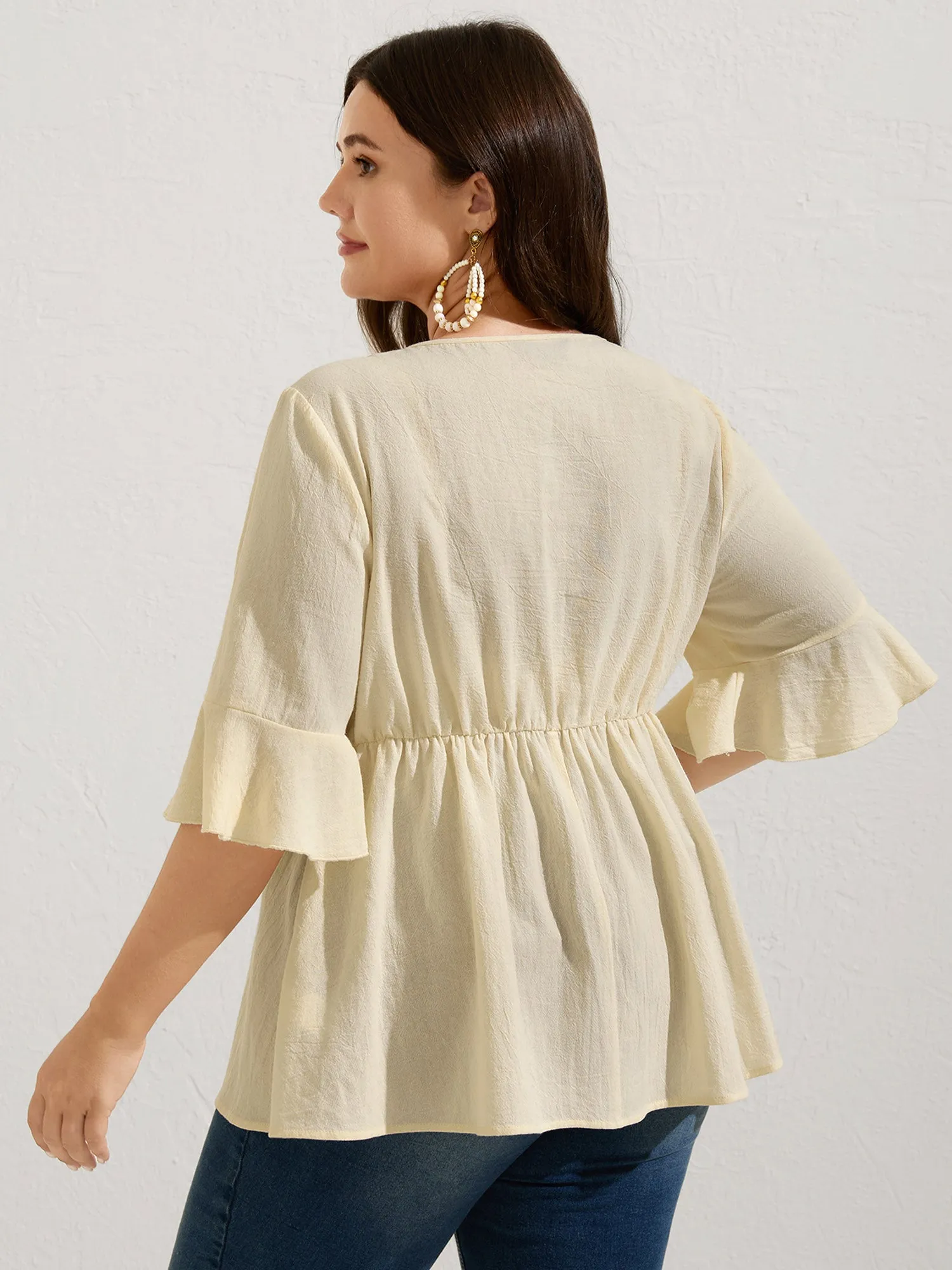 Cotton Tassel Neckline Ruffled Sleeve Solid Top sold by Bloomchic product image thumbnail 4