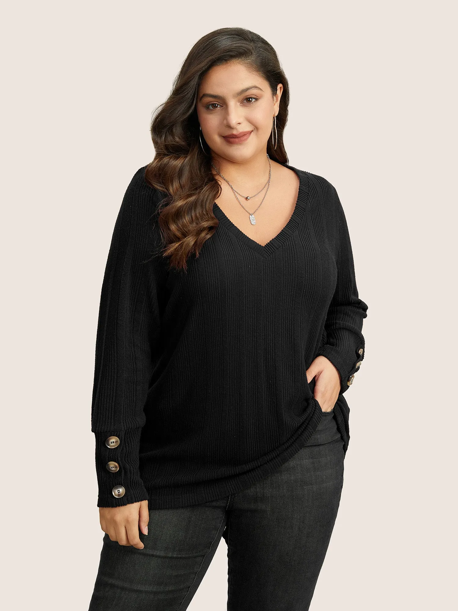 Rib Knit V Neck Button Detail T-shirt sold by Bloomchic product image thumbnail 4