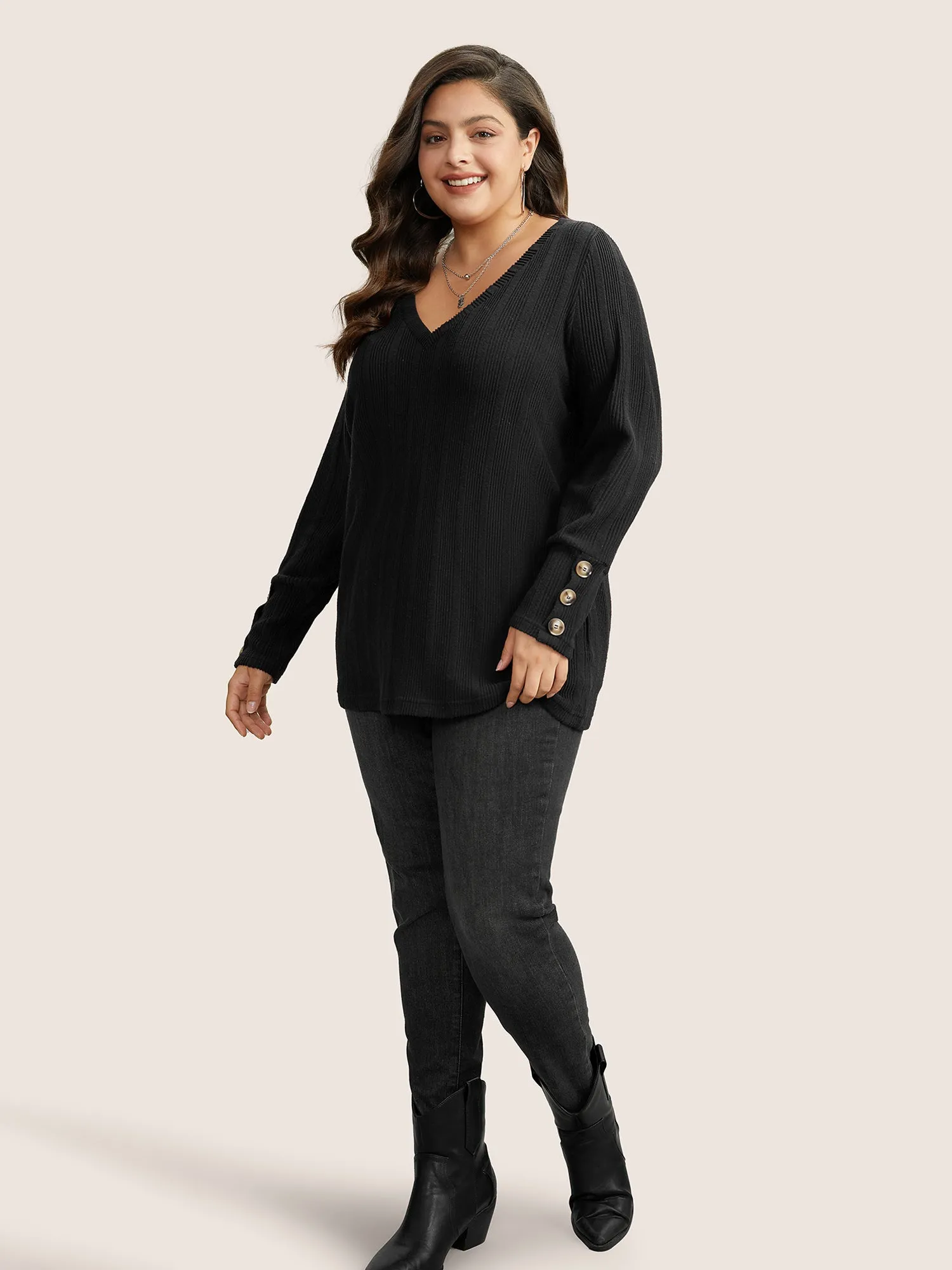 Rib Knit V Neck Button Detail T-shirt sold by Bloomchic product image thumbnail 2