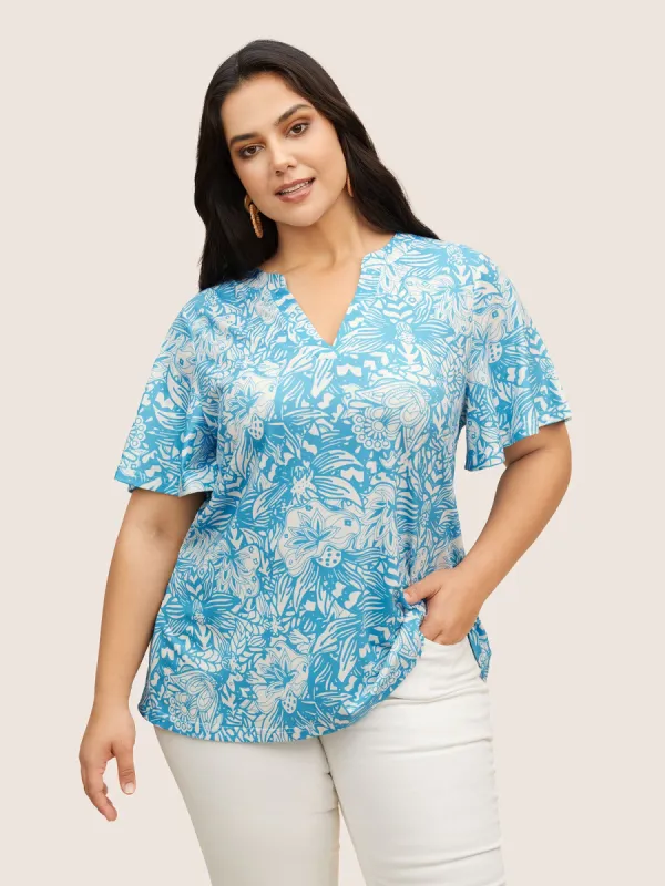 Tropical Floral Print Notched Collar T-shirt sold by Bloomchic