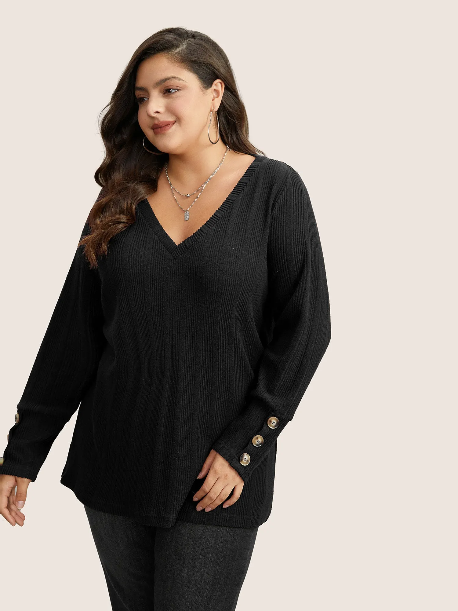 Rib Knit V Neck Button Detail T-shirt sold by Bloomchic product image thumbnail 3