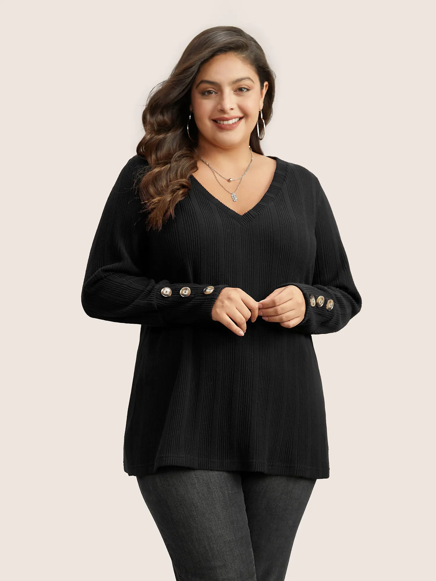 Rib Knit V Neck Button Detail T-shirt sold by Bloomchic