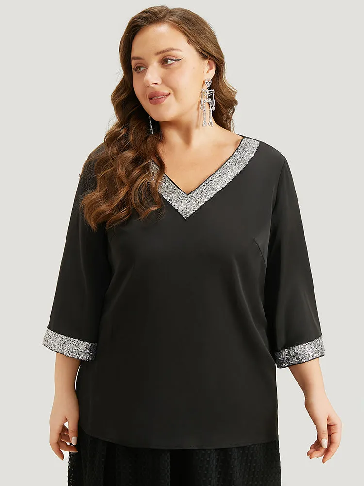 Halloween Sequin Patchwork V Neck Two-Piece Woven Blouse sold by Bloomchic