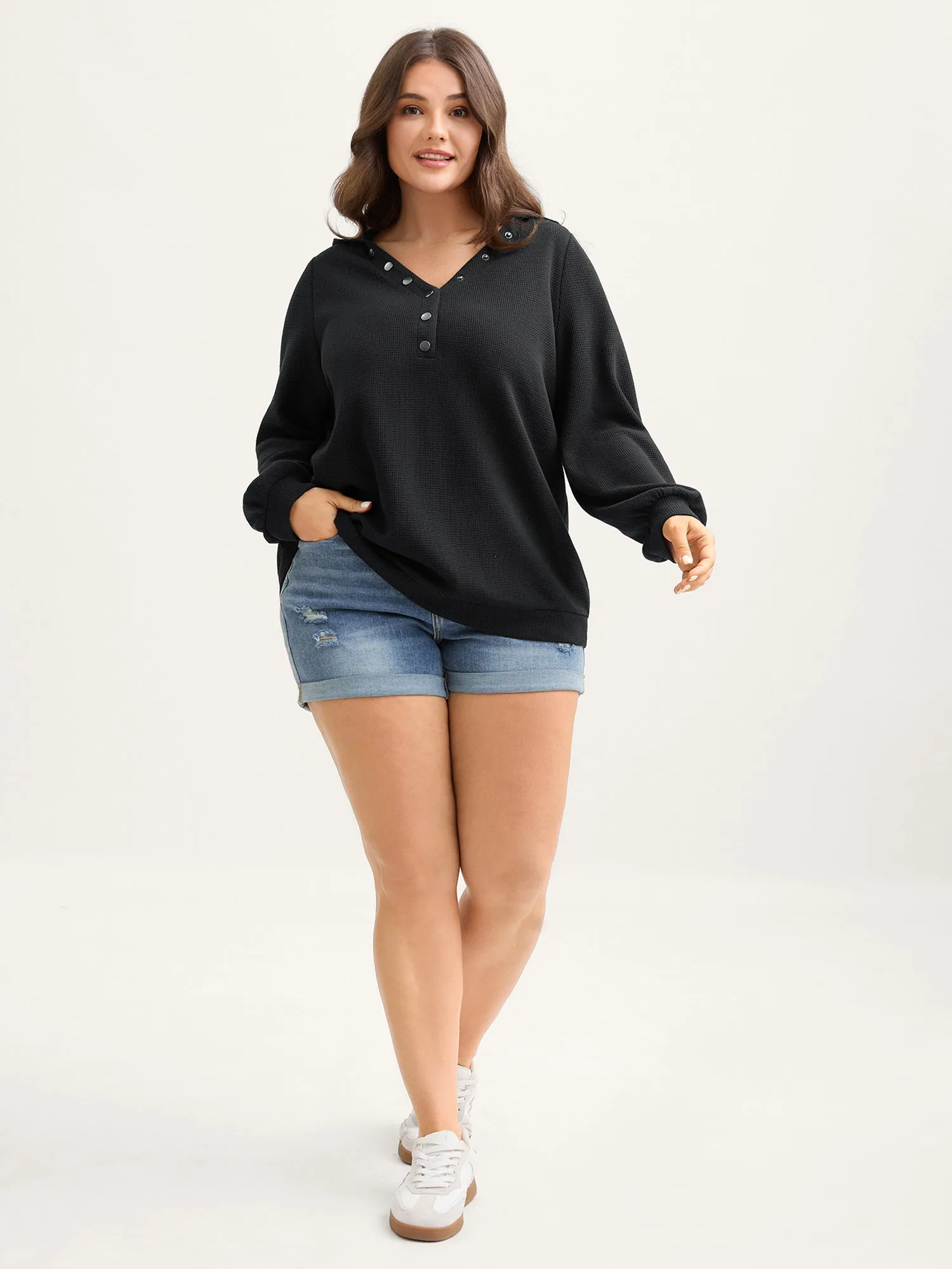 Textured Snap Buttons Hooded Sweatshirt sold by Bloomchic product image thumbnail 3