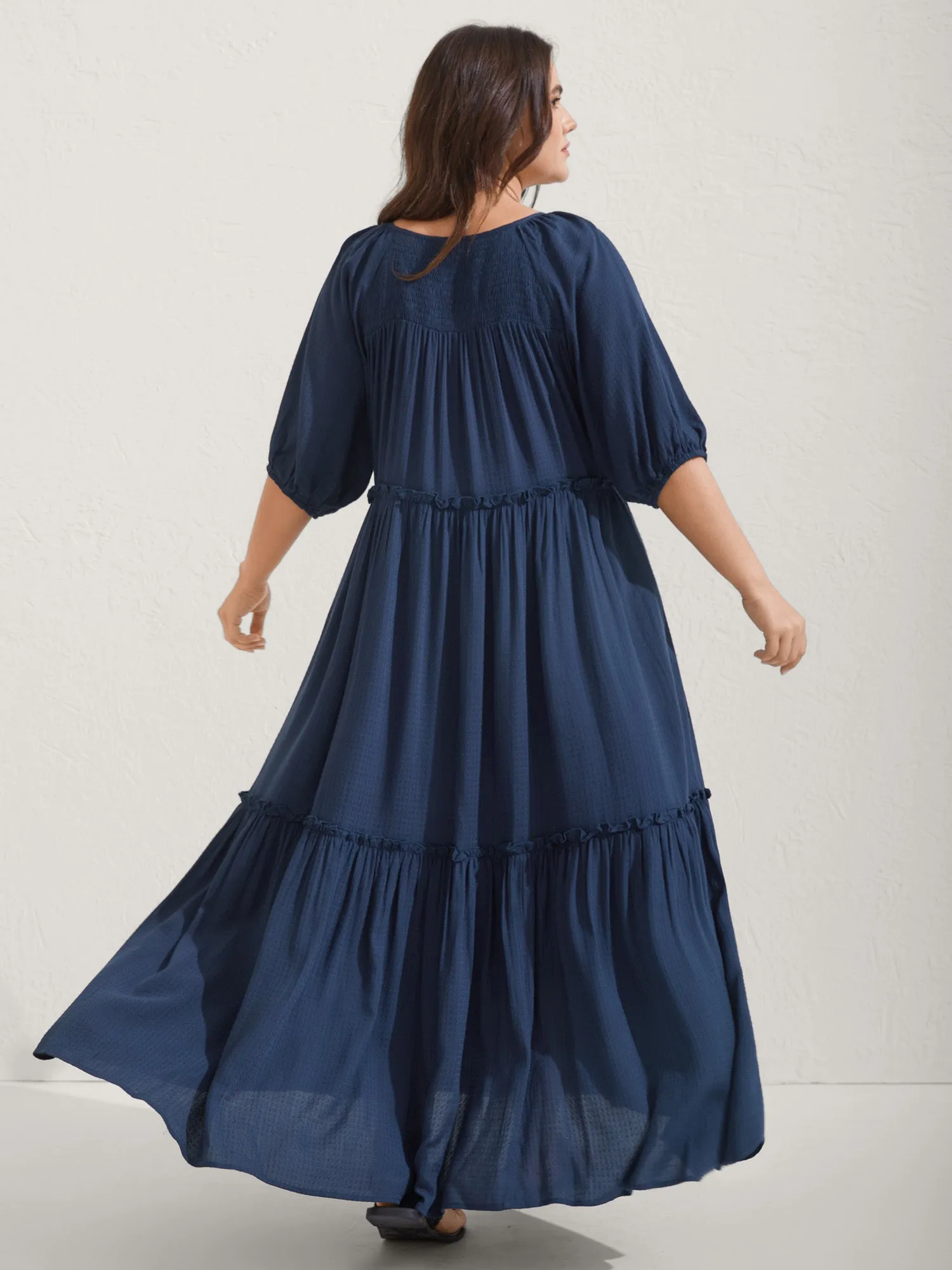 Shirred Neck Tie Tiered Puff Sleeve Dress sold by Bloomchic product image thumbnail 4