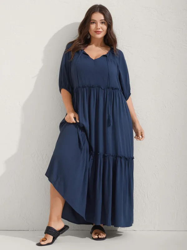 Shirred Neck Tie Tiered Puff Sleeve Dress sold by Bloomchic