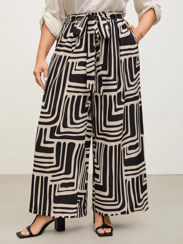 Geometric Print Wide-Leg Belted Pants sold by Bloomchic