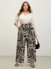 Geometric Print Wide-Leg Belted Pants sold by Bloomchic