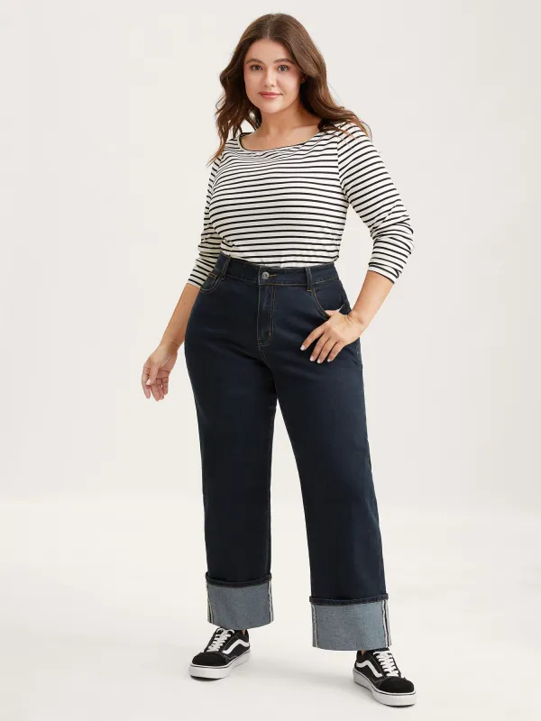 Stretch Cuffed Hem Butt-Lifting Straight-Leg Jeans sold by Bloomchic