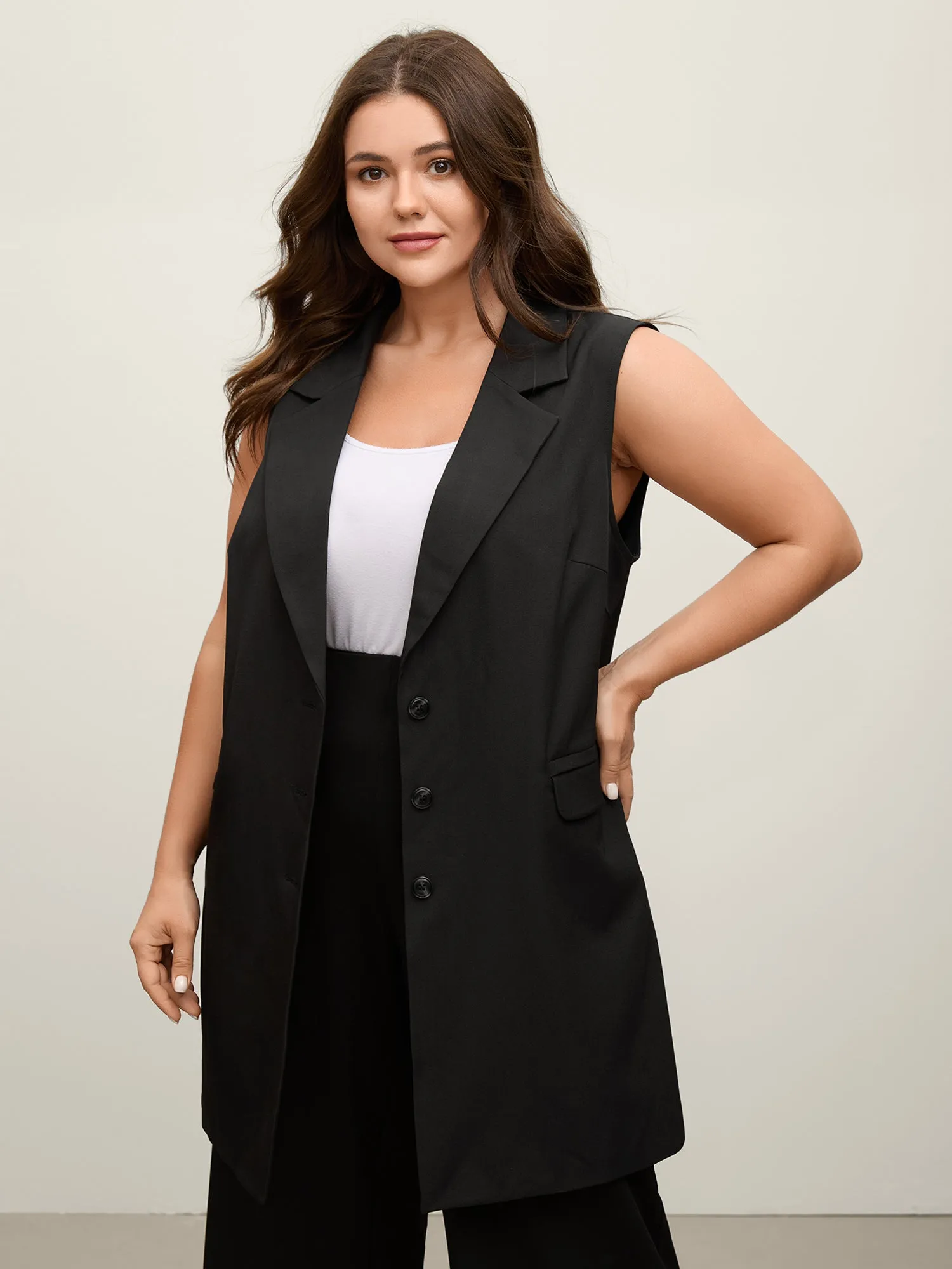 Button Longline Pockets Solid Vest sold by Bloomchic