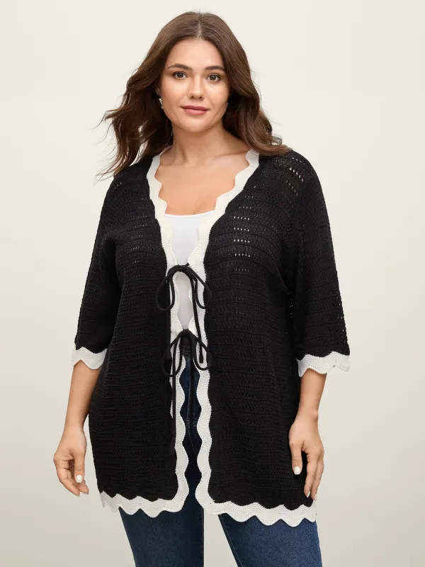 Wavy Edge Color Contrast Tied Lightweight Cardigan sold by Bloomchic