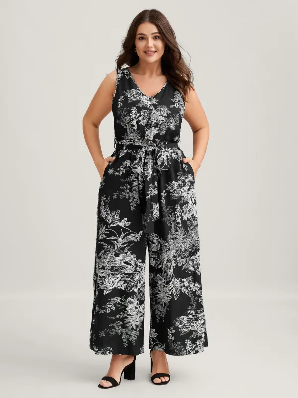 Monochrome Floral Buttons Pockets Jumpsuit sold by Bloomchic