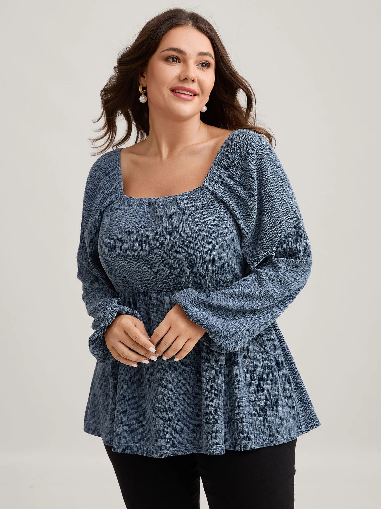 Ribbed Gathered Square Neck Knit Top sold by Bloomchic