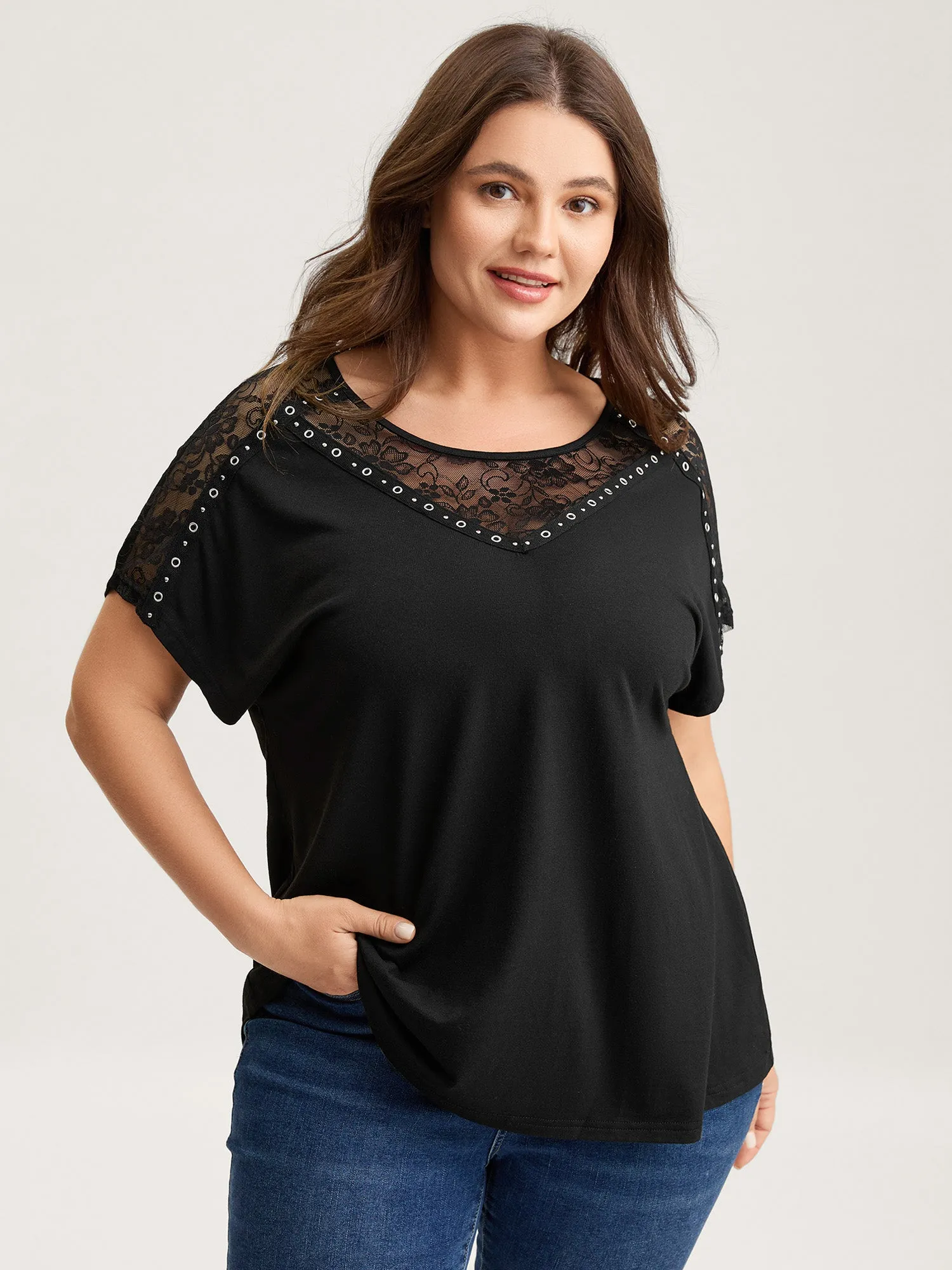 Lace Trim Sheer Solid T-Shirt sold by Bloomchic product image thumbnail 2
