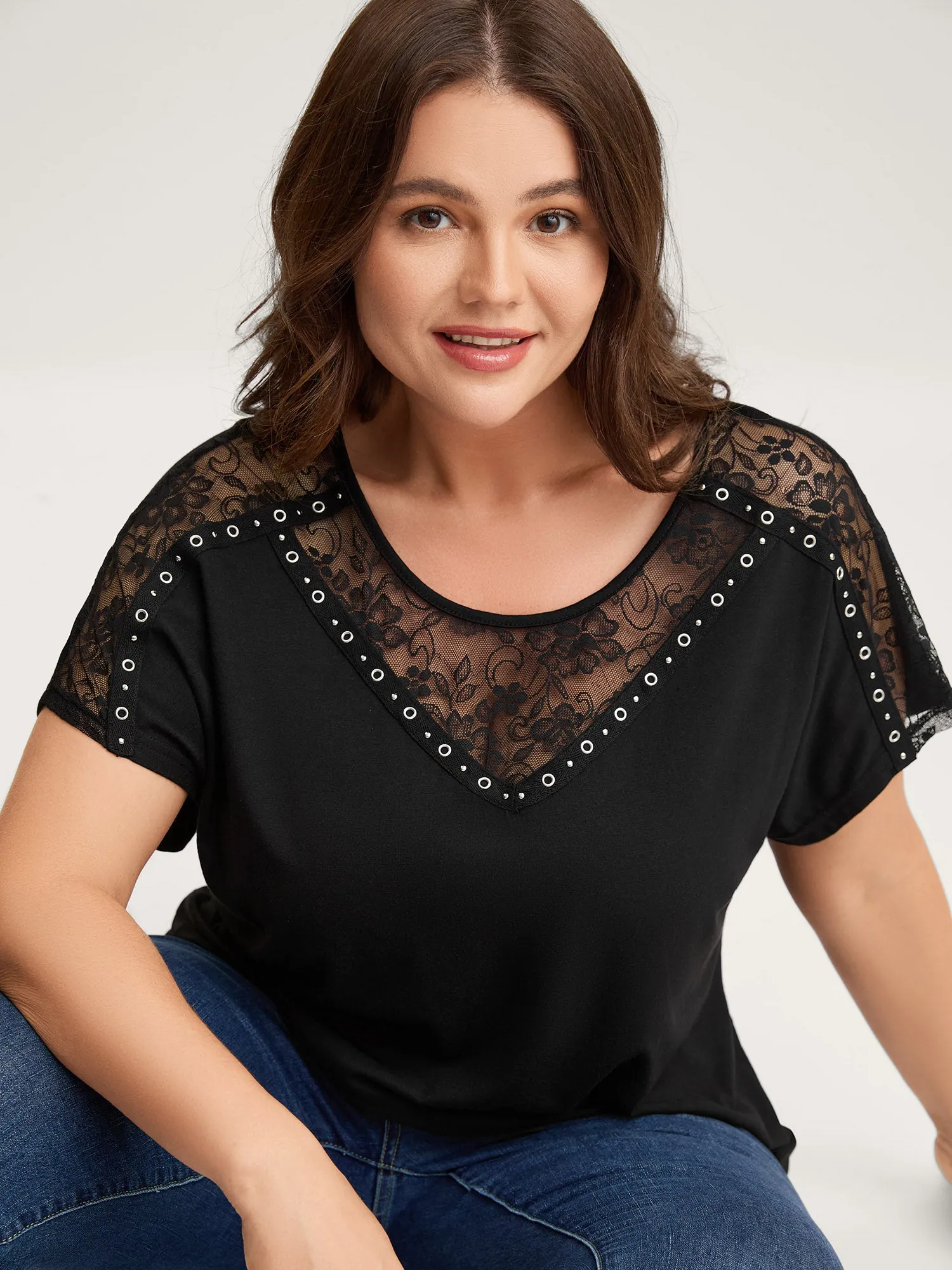 Lace Trim Sheer Solid T-Shirt sold by Bloomchic