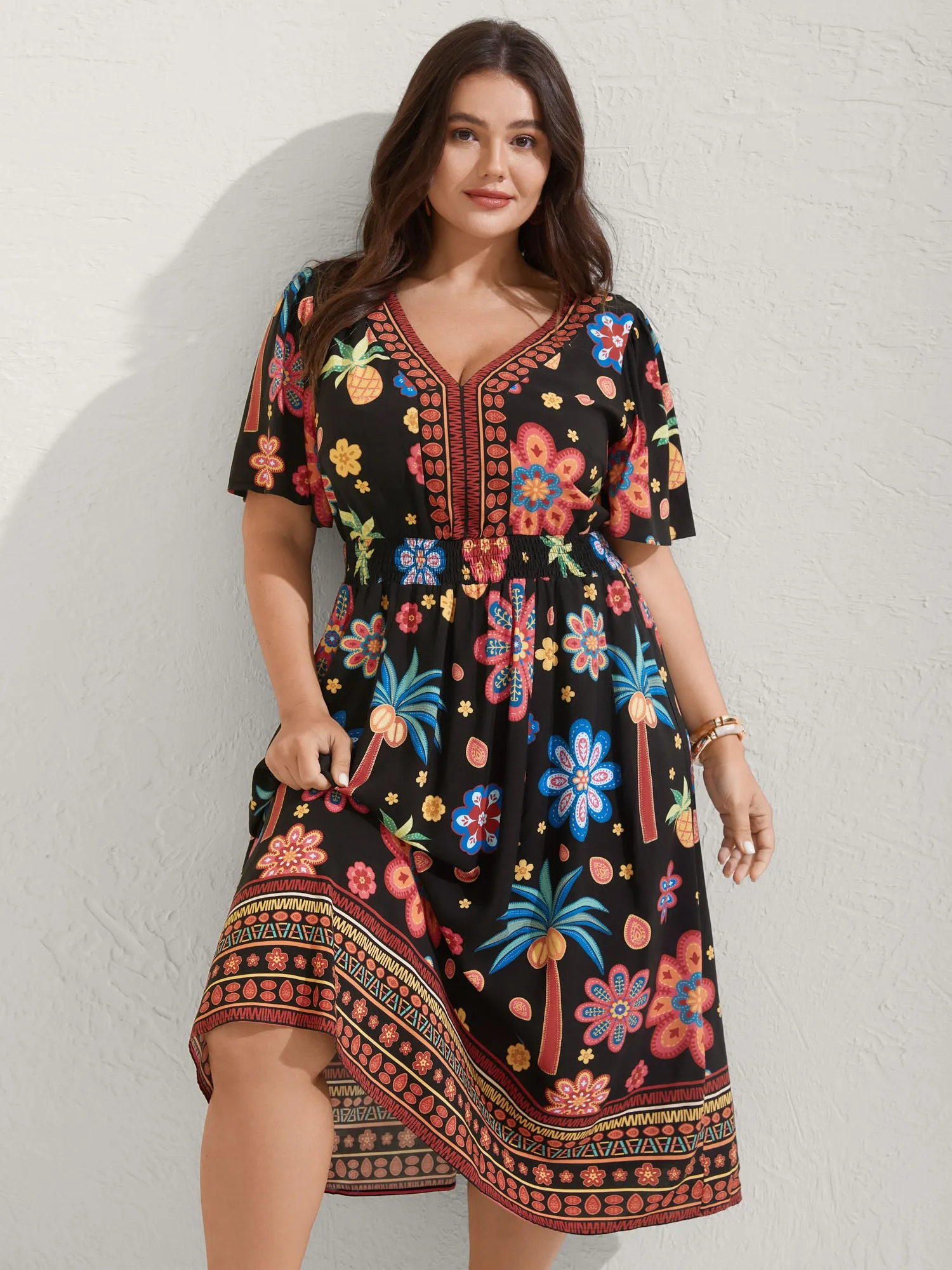 Rayon Tropical Floral Shirred Waist Midi Dress sold by Bloomchic